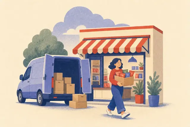 A van unloading boxes at a neighbourhood pickup shop