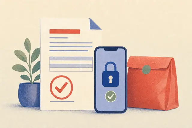 A ticked invoice beside a phone with a lock