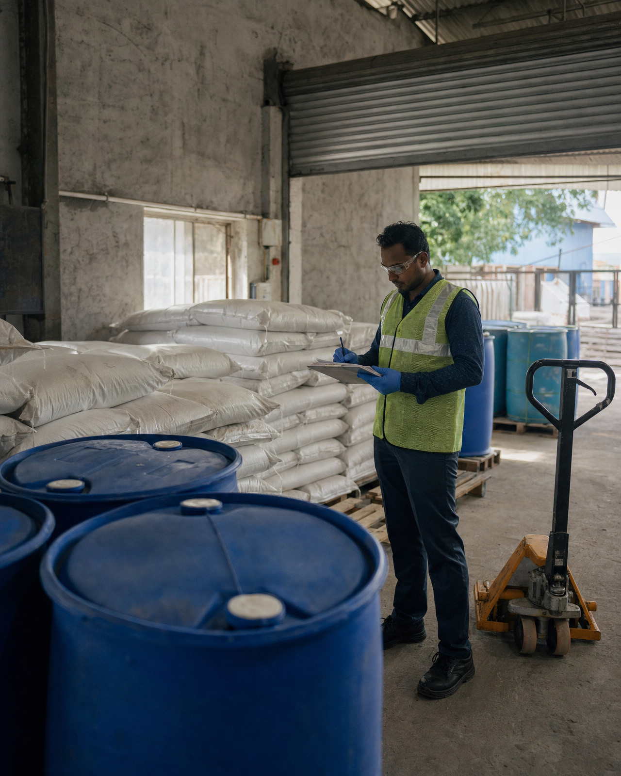 Worker checking a batch of drums and bags in a chemical godown