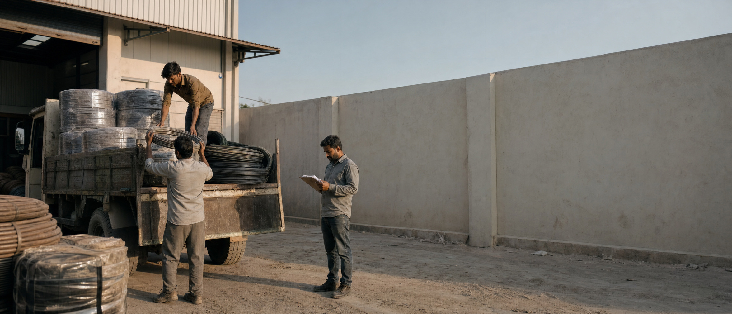 Workers loading an order onto a truck at a factory dispatch bay in the late afternoon