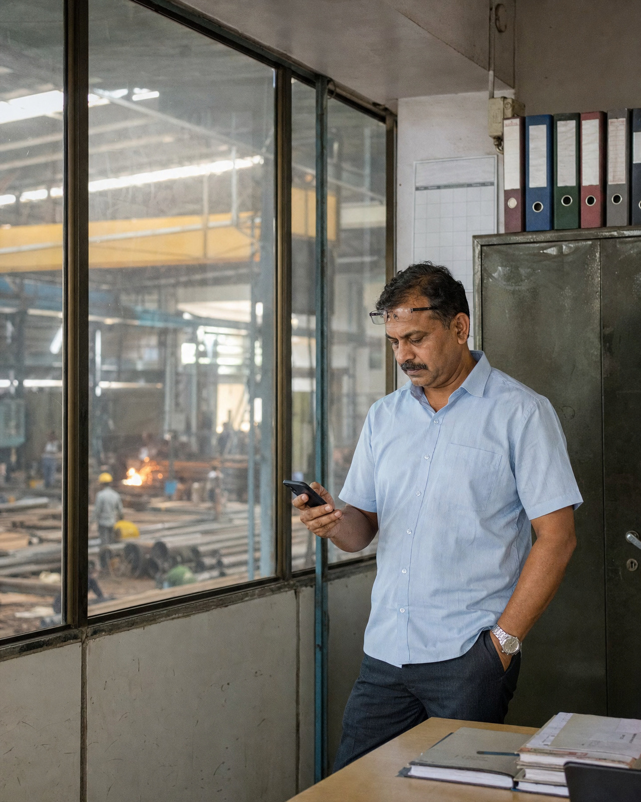 Factory owner reading a buyer's message on his phone in the office above the shop floor