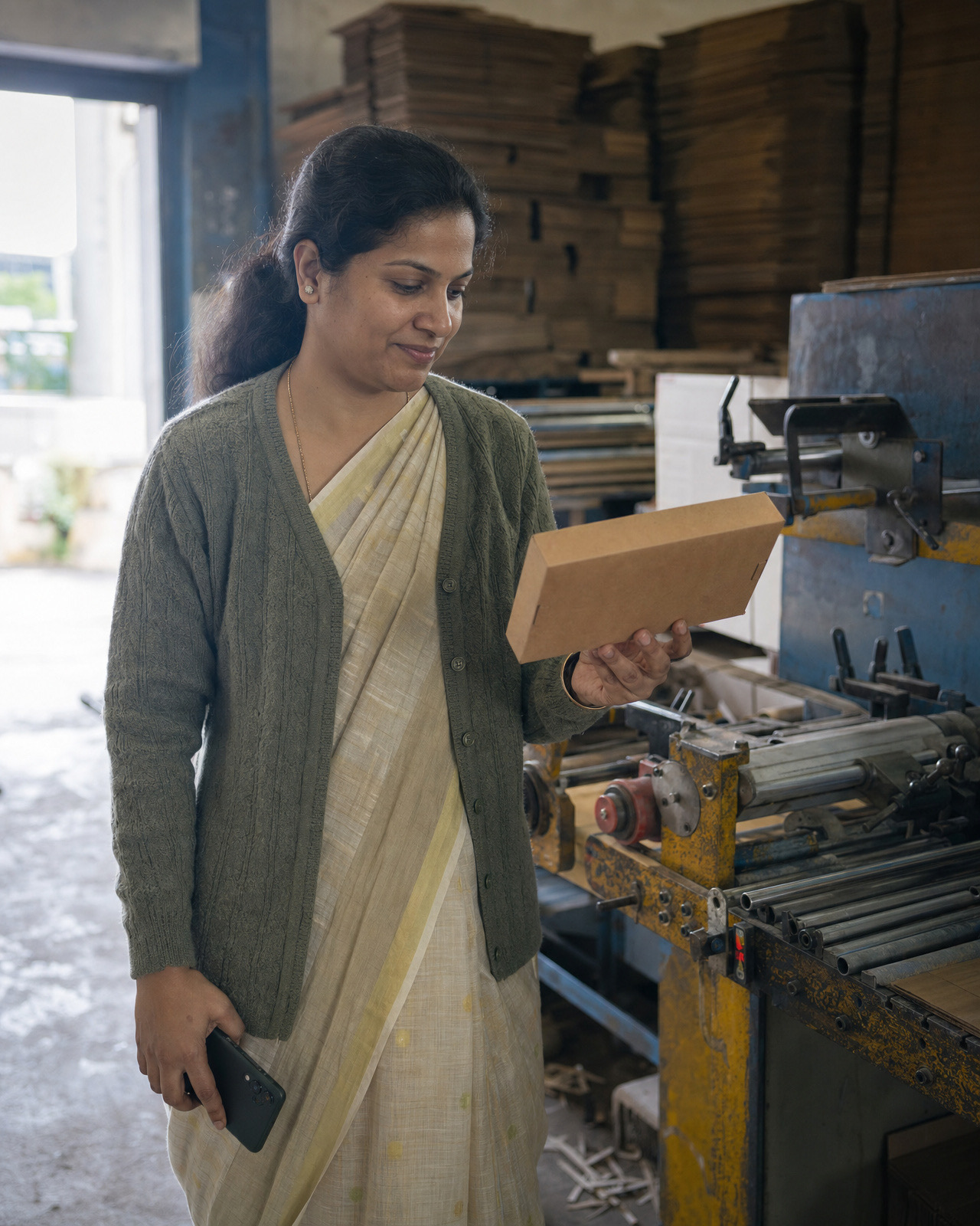 Owner of a packaging unit checking a carton sample beside the machine