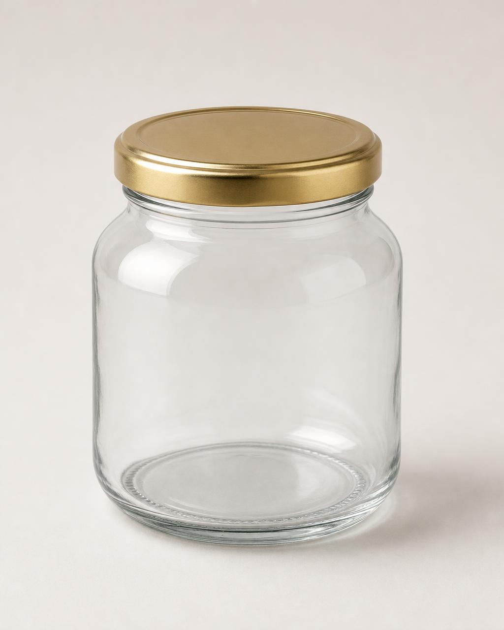 Round glass jar with metal lug cap
